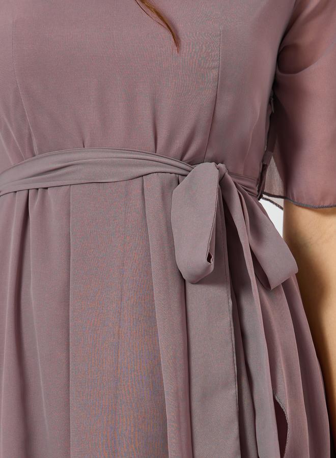 Styli Women V Neck Maxi Dress with Tie-Belt - Image 3